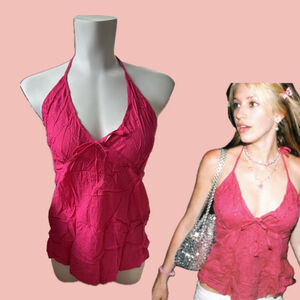 Y2K Embroidered Rayon Bali Halter Top – Tie Front Coquette